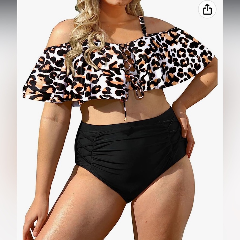 Daci Ruffle Tummy Control High Waisted Bikini Two Piece  Lace up  Off Shoulder